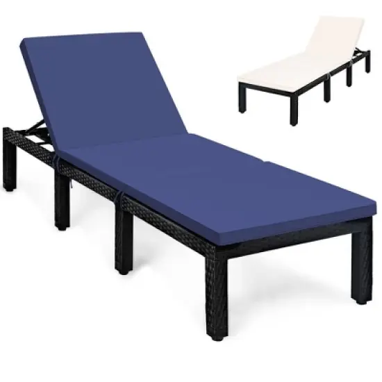 Tangkula Patio Lounge Chair Rattan Chaise w/ Adjustable Navy/Red & Off White Cushioned image {7}