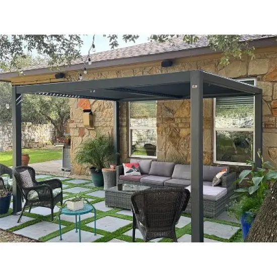 PURPLE LEAF 10' x 14' Outdoor Louvered Pergola with Adjustable Metal Roof for Patio Backyard Garden Grey Hardtop Gazebo image {2}