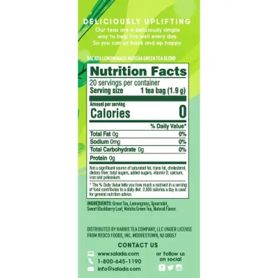 Salada Lemongrass Matcha Green Tea with 20 Individually Wrapped Tea Bags Per Box (Pack of 6) image {2}