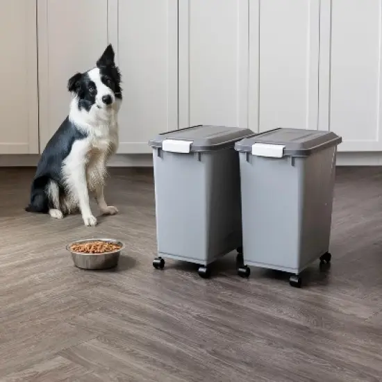 IRIS USA 30 lbs Dog Food Storage Container with Wheels, Airtight Lid, 2-Cup Scoop, 2 Pack, Gray/Dark Gray image {4}