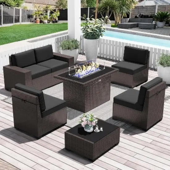 LayinSun 7 Pieces Outdoor Patio Furniture Set with 44" Fire Pit Table Brown Rattan Sectional Sofa Conversation Sets image {8}