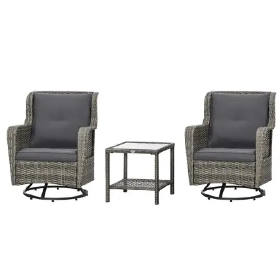 Outsunny 3-Piece Patio Bistro Set, PE Rattan Wicker Outdoor Furniture, Soft Cushions, 2 360 Swivel Rocking Chairs, 2-Tier Coffee Table image {3}