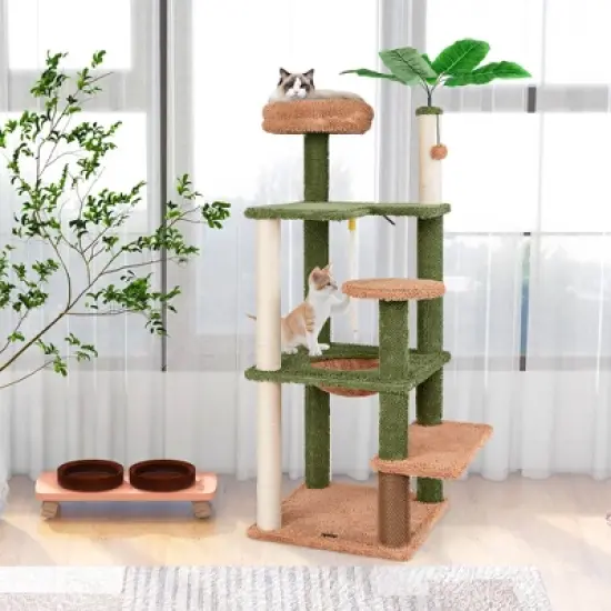 Tangkula 60" Cat Tree for Indoor Cats Cute Cat Tower w/ Sisal Scratching Posts & Rope image {2}