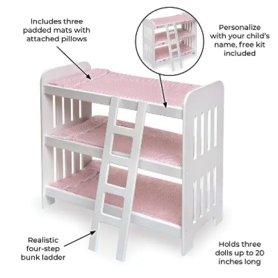 Badger Basket Triple Doll Bunk Bed with Ladder, Bedding, and Free Personalization Kit - Pink Gingham image {7}