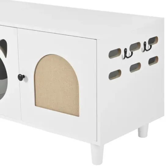 Cat Cabinet Cat House Cat Litter Box Enclosure with Sisal Cat Scratcher & Hooks, Sideboard Storage Cabinet, White - ModernLuxe image {12}