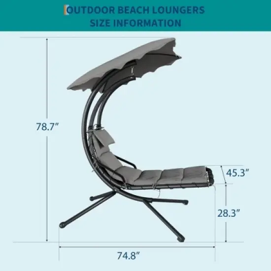 Chaise Lounger Swing Chair with Umbrella Canopy, Patio Hanging Chaise Lounger Chair with Stand, Curved Steel Outdoor Lounge image {2}