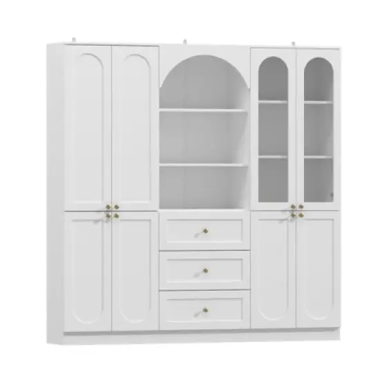 Famapy White Farmhouse Kitchen Pantry with Arch & Glass Doors,Large Capacity Kitchen Storage Hutch,Multi - Drawer Kitchen Organizer,Display Cabinet image {12}