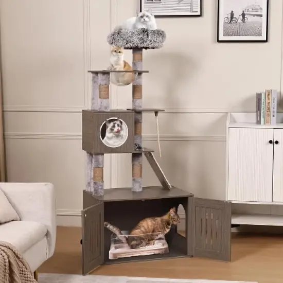 Cat Tree with Litter Box Enclosure, 2-in-1 Cat Tower, 66.9-Inch Tall Cat Condo with Scratching Posts, Perch (Grey) image {6}