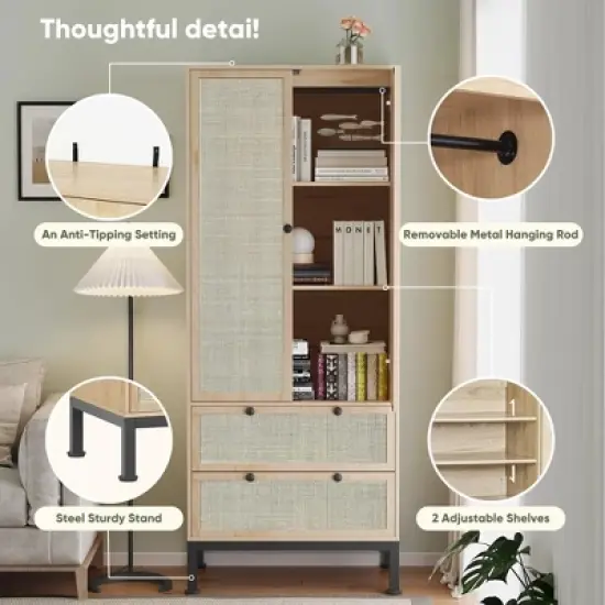 Brafabhome Farmhouse 4 Doors Armoire Wardrobe Closet, 71" Tall Freestanding Wardrobe Clothes Cabinet with Drawers and Hanging Rod for Bedroom image {8}