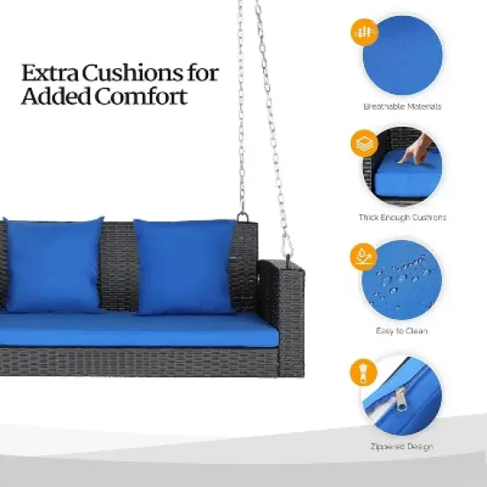 VINGLI Heavy Duty 800 LBS Wicker Hanging Porch Swing with Cushions & Chains, 4FT Outdoor Rattan Swing Bench for Garden, Yard, Lawn (Black+Blue) image {2}