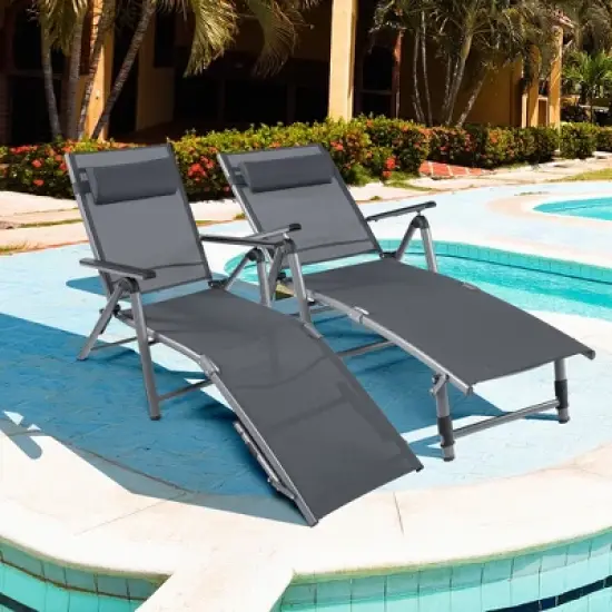 Costway Patio Folding Aluminum Lounge Chair Chaise Adjustable Back Armrest Headrest image {10}