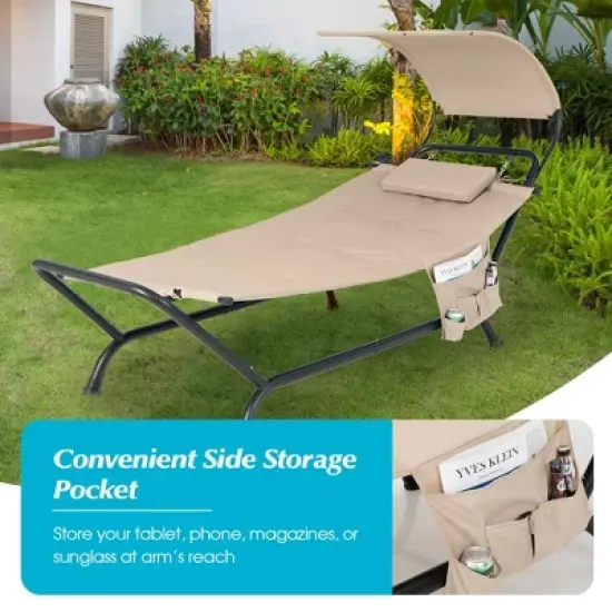 Costway Patio Hanging Chaise Lounge Chair with Canopy, Cushion, Pillow & Storage Bag Blue/Beige/Brown image {7}