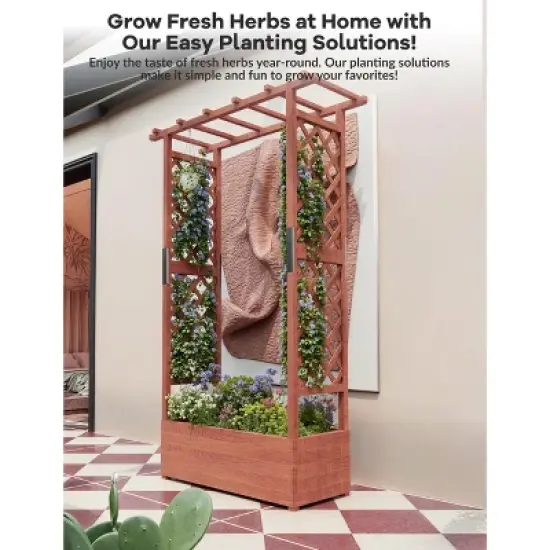 Raised Garden Bed With Trellis, 45 Inch Wood Planter Box With Side Trellis, Hanging Roof, and 4 Drainage Holes, Freestanding Elevated Garden Bed image {3}