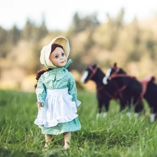 The Queen's Treasures 18 Inch Green Calico Prairie Dress, Apron, and Bonnet image {2}