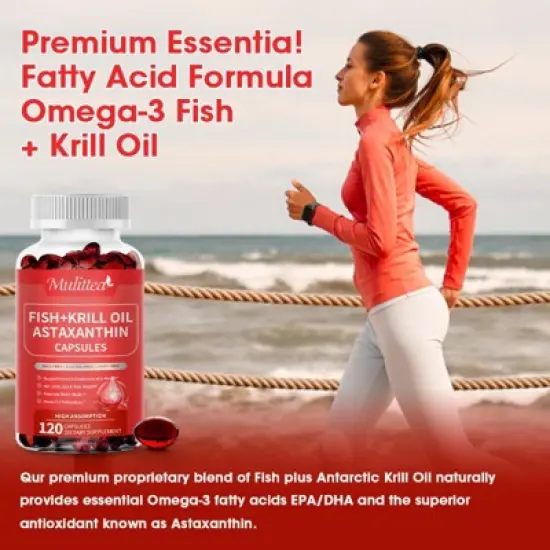 Mulittea Fish Oil + Krill Oil with EPA, DHA & Astaxanthin Supports Joint, Skin, Brain & Eye Health - 120 CT image {2}