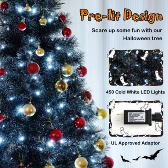 Tangkula 8/7/6 FT Black Artificial Halloween Tree Pre-lit Hinged Full Xmas Tree w/ Branch Tips Pine Needles Cold White LED Lights image {6}