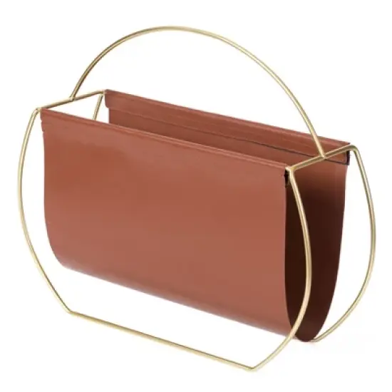 Fabulaxe Gold Metal and Brown Leather Modern Decorative Freestanding Magazine Book Rack Storage Holder image {8}