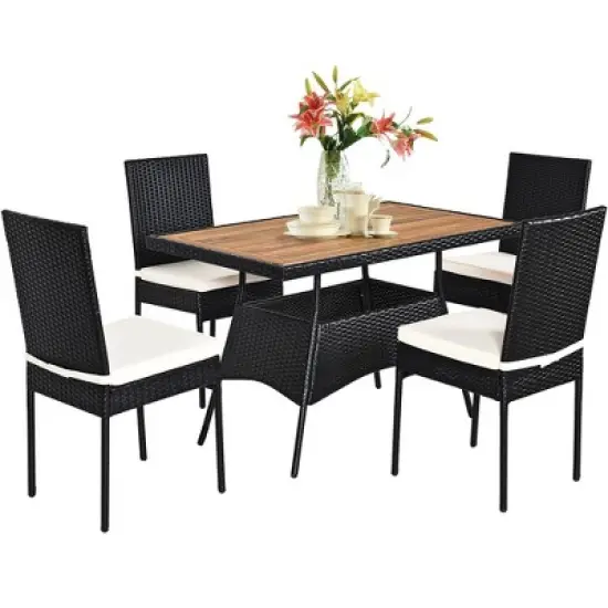 Costway 5 PCS Patio Rattan Furniture Set Wood Top Table Cushioned Chairs Garden Yard Deck image {8}