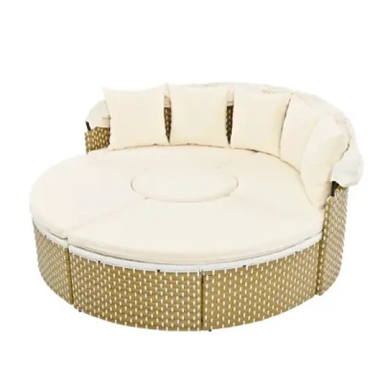 Round Outdoor Patio Sectional Sofa Set Rattan Daybed Two-Tone Weave Sunbed with Retractable Canopy, 4A -ModernLuxe image {10}