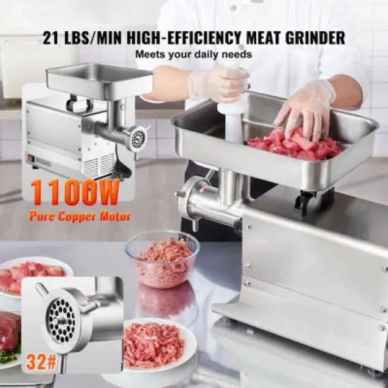 VEVOR Meat Grinder, 21 Lbs/Min Capacity Electric Meat Grinders with Blade, Grinding Plate, Sausage Maker, Stainless Steel Commercial Meat Mincer image {2}
