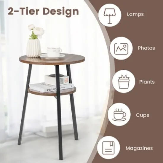 Costway 2PCS 2-Tier Bedside End Table Round Nightstand for Bedroom Living Room Brown/Walnut image {5}