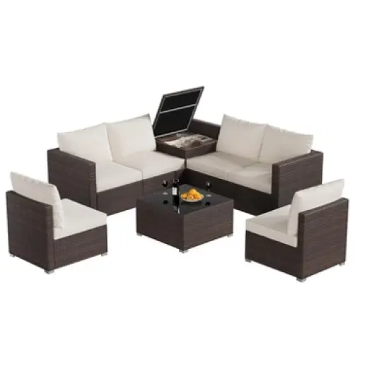8 Pieces Outdoor Patio Furniture Set, Wicker Rattan Sectional with 4" Cushions, Glass Table & Hidden Storage Box, Brown image {1}