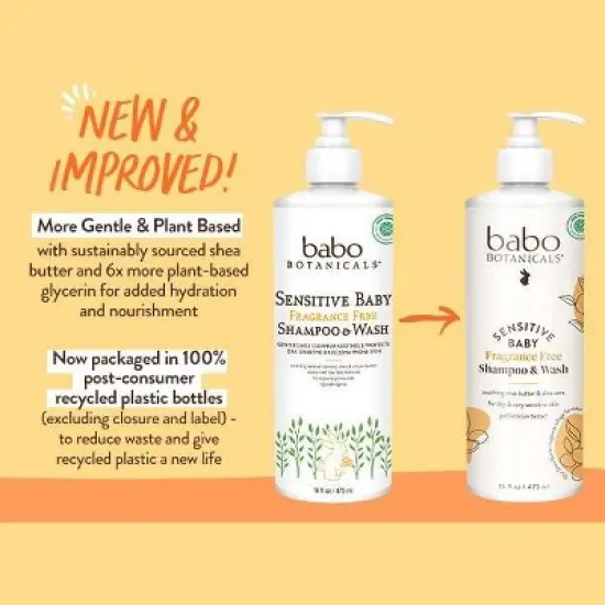 Babo Botanicals Sensitive Baby Fragrance Free Shampoo & Wash | Shea Butter, Calendula & Aloe Vera -Cruelty-Free 16 oz (PACK OF 2) image {1}