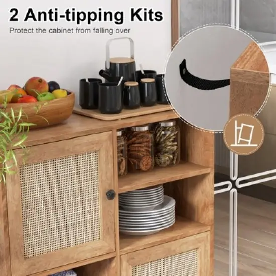 Costway Rattan Buffet Sideboard Accent Storage Cabinet Coffee Bar Cabinet Doors Cubbies image {6}