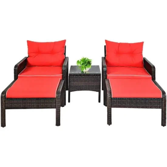 Costway 5 PCS Patio Rattan Furniture Set Sofa Ottoman Table Cushioned Yard Red image {8}