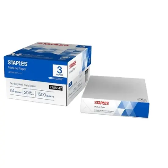 Staples Multiuse 8.5" x 11" Copy Paper 20 lbs 94 Brightness 500/RM 3 RM/CT 2758847 image {1}
