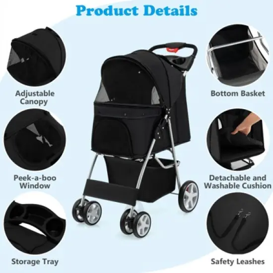 Costway Folding Pet Stroller 4-Wheel Pet Travel Carrier w/Storage Basket image {8}