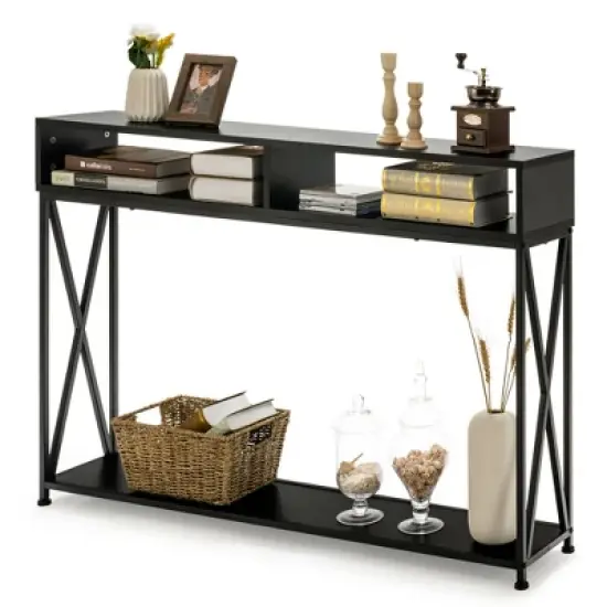 Costway Steel Frame  Console Table with Open Shelf and Storage Compartments  Black image {7}