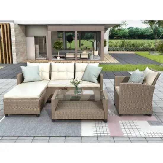 4pc Wicker Patio Sectional Seating Set with Cushions - Beige/Brown - GODEER image {1}