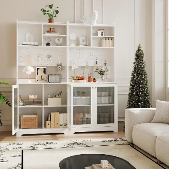 Gaomon Kitchen Pantry Cabinet,71 Inch Freestanding Cupboard with 7 Storage Blocks & DIY Pegboard & 2 Glass Doors & Adjustable Shelves image {5}