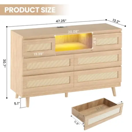 GARVEE 6 Drawer Rattan Dressers,Wooden Durable Dressers & Chests of Drawers with LED Light and Charging Station, TV Stand for Bedroom image {8}