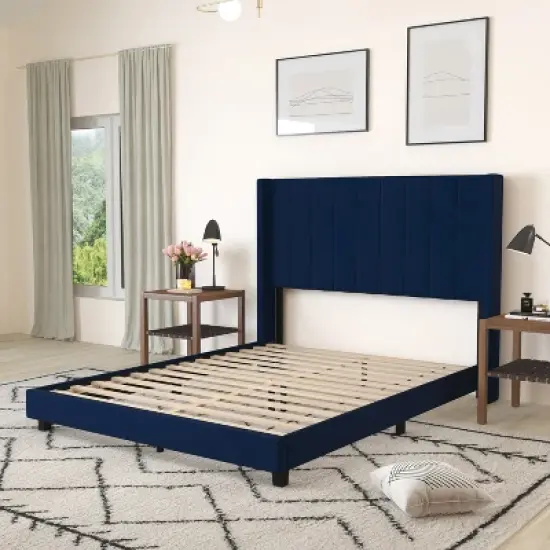Merrick Lane Modern Upholstered Platform Bed Frame with Padded, Tufted Wingback Headboard and Wood Support Slats, No Box Spring Required image {3}