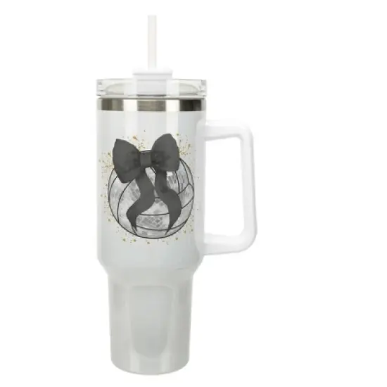 Elanze Designs 40 Ounce Stainless Steel Double Wall Insulated Glitter Travel Tumbler With Handle, Straw, and Lid, Volleyball With Black Bow White image {1}