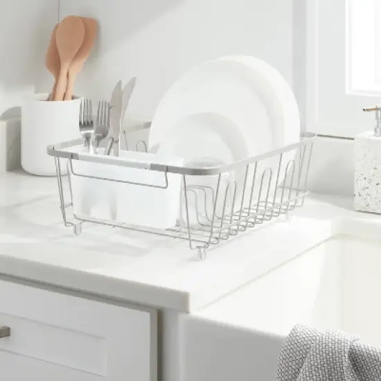 Small Steel Dish Drainer Brushed Nickel - Brightroom&trade;: Freestanding Dish Drying Rack with Utensil Holder image {1}