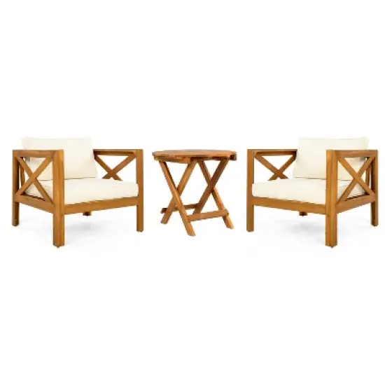 FIONECA Patio Conversation Set, 2 Acacia Wood Armchairs with Beige Cushions & Foldable Side Table, Teak Finish image {7}