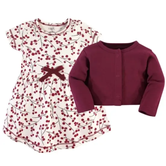Touched by Nature Baby and Toddler Girl Organic Cotton Dress and Cardigan 2pc Set, Berry Branch image {1}