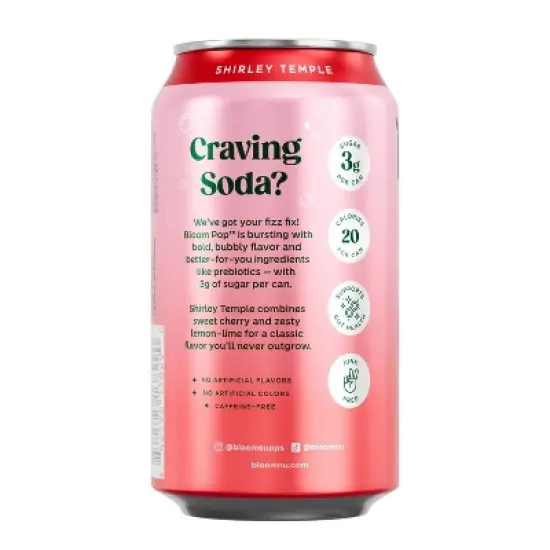 BLOOM NUTRITION Bloom Pop Prebiotic Soda Shirley Temple - 12 fl oz Can image {6}