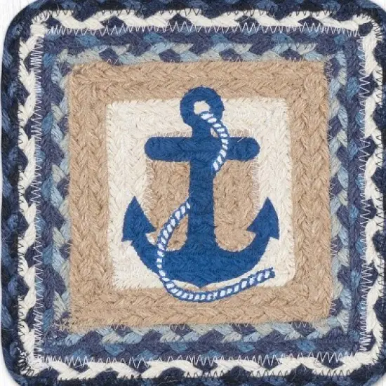 Earth Rugs Navy Anchor Square Jute Trivet 10"x10" Nautical Table Protector image {1}