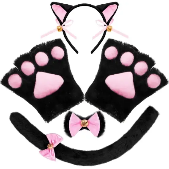 Joyfy 5 Pcs Kitty Cat Halloween Costume Accessory Set for Adult, Kids, Cat Ears Headband, Paws Gloves, Bow Tie, Tail, Cosplay Dress Up Party image {8}