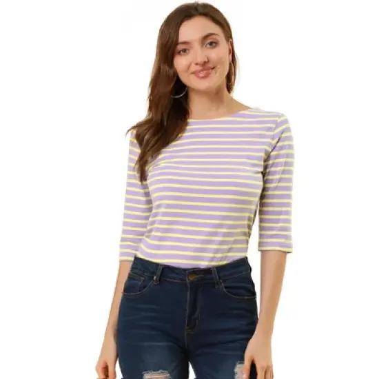 Allegra K Women's Elbow Sleeves Casual Basic Boat Neck Slim Fit T-Shirts image {28}