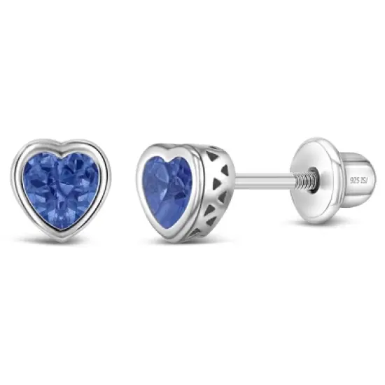Girl's CZ Birthstone Heart Screw Back Sterling Silver Earrings - In Season Jewelry image {15}