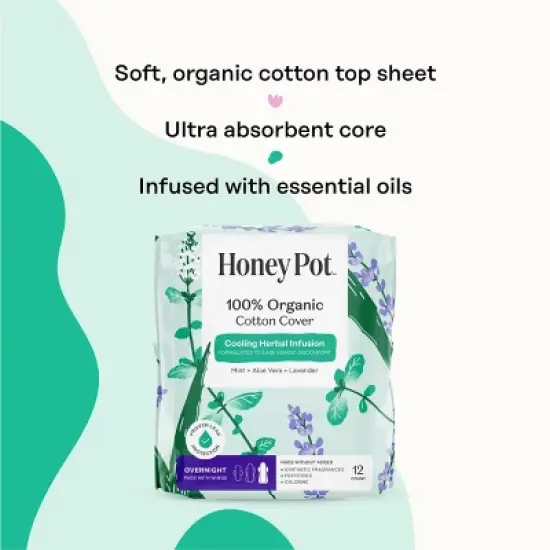 The Honey Pot Company 100% Organic Cotton Cover Cooling Herbal Infusion Overnight Pads - 12ct image {3}