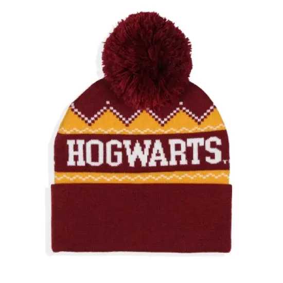 Harry Potter Adult Hogwarts School Crest Knit Cuff Pom Beanie Cap Multicoloured image {1}
