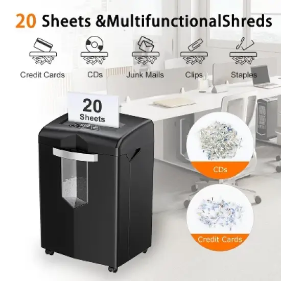 Bonsaii Heavy Duty 20-Sheet Paper Shredder, 40 Min Run Time, Anti-Jam, P-4 Security, Shreds CD/Credit Cards/Staples, 7 Gal Pullout Bin image {2}