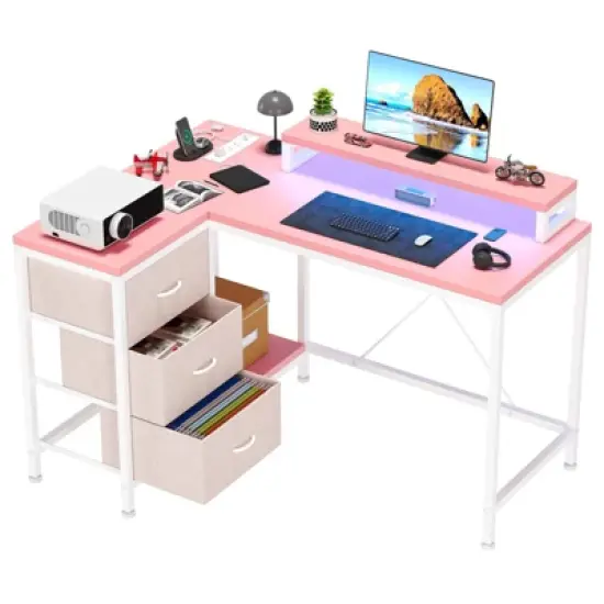 47 Inch Computer Desk, L Shaped Desk with Power Outlets and Led Lights, 3-Drawer Gaming Desk with Storage Shelves and Monitor Stand, Reversible image {12}