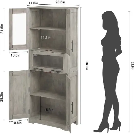 Nasitip 67''Tall Storage Cabinet,Pantry Cabinet with Glass Double Door, Freestanding Cupboard with Drawer for Bathroom/Living Room image {3}
